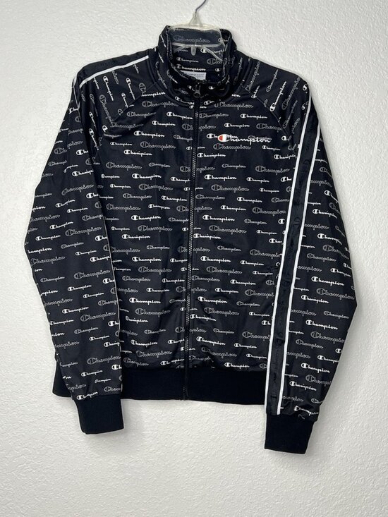 Champion Full Zip Track Jacket Sz L With Pockets Black All Over Print Arm Stripe - Picture 1 of 10